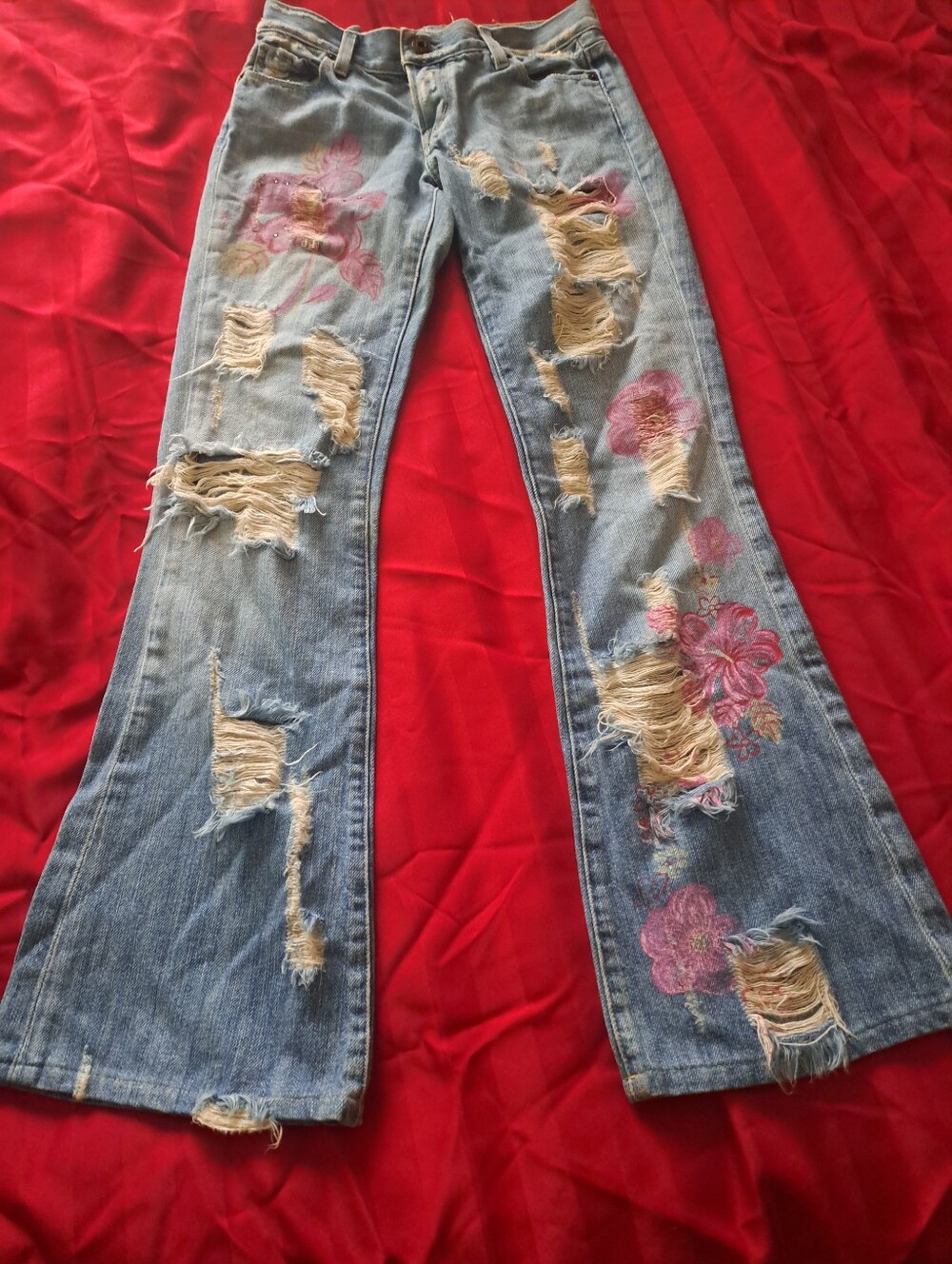 Guess Light Blue Distressed Flare Jeans with Pink Floral Embroidery
